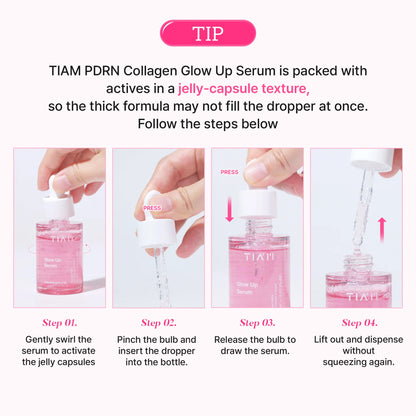 Instructions for using TIAM PDRN Collagen Glow Up Serum with step-by-step images and text.