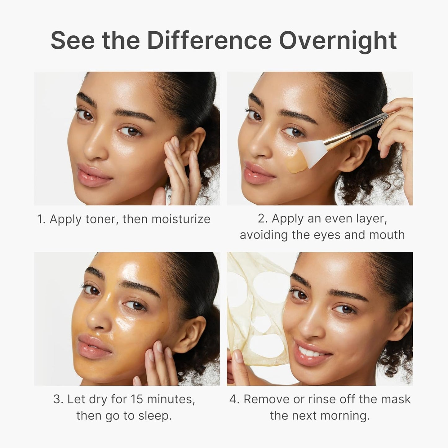 Step-by-step guide on applying a skincare mask with images of a woman's face.