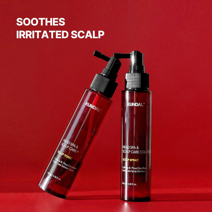 Two KUNDAL scalp care products on a red background with text 'Soothes Irritated Scalp'.