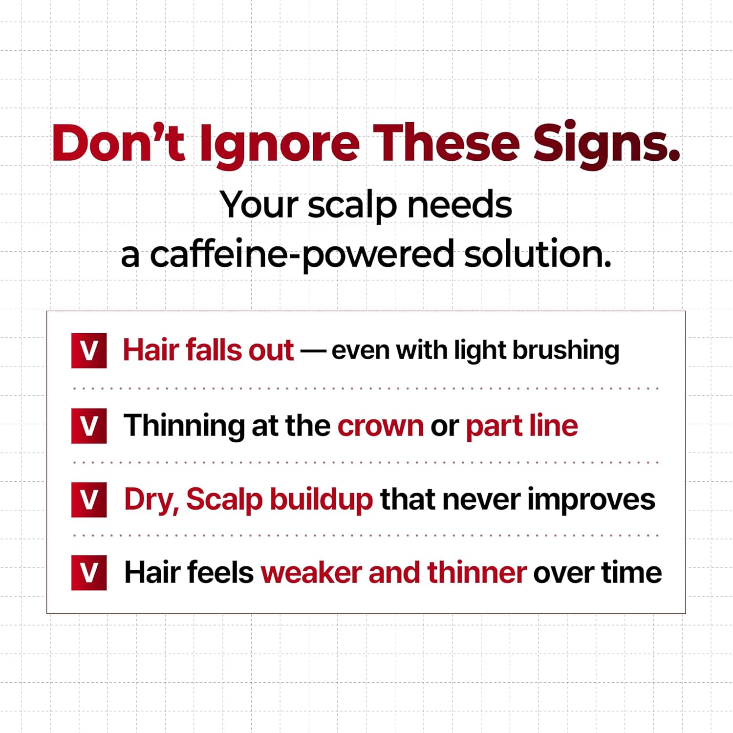 Text on a grid background about scalp issues and caffeine-powered solutions.
