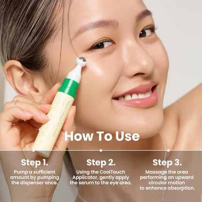 Woman applying a serum to her eye area with text on how to use it.