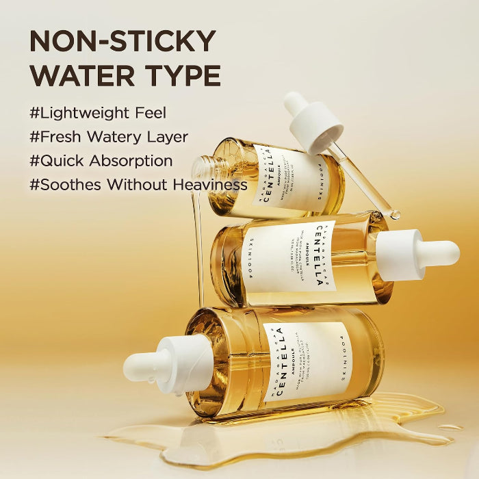 Three bottles of Centella Asiatica dropper bottles with a beige background and text highlighting product features.