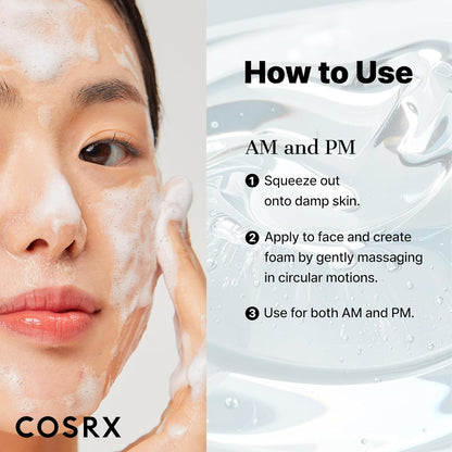 Cosrx skincare product with instructions on how to use it, featuring a close-up of a person applying the product.