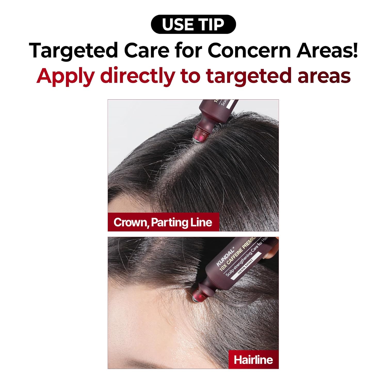 Hair care product application guide with text on targeted care for concern areas.