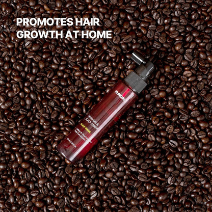 Bottle of hair growth product on coffee beans with promotional text