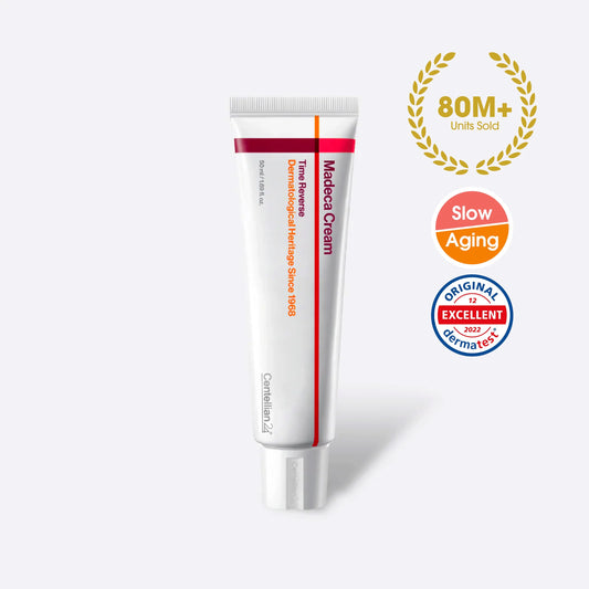 Tube of Madeca Cream with branding and certification badges on a white background