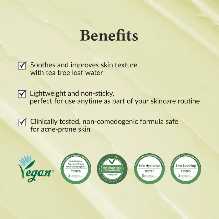 Product packaging with benefits text and green checkmarks on a beige background