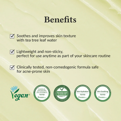 Product packaging with benefits text and green checkmarks on a beige background