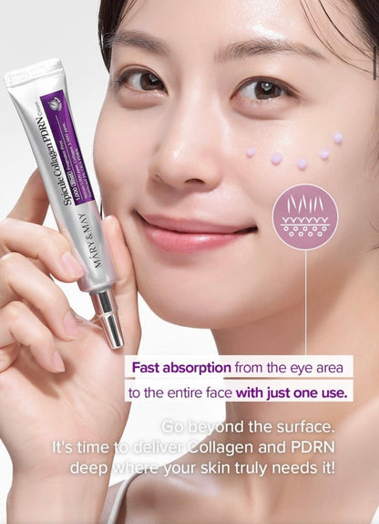 Woman holding a skincare product with text about fast absorption and collagen delivery.