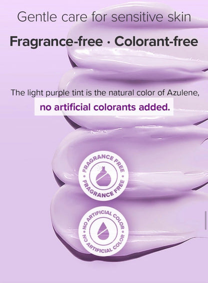 Purple product with 'fragrance-free' and 'colorant-free' labels on a light purple background.