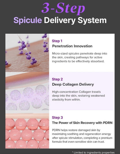 3-step spicule delivery system with visual representation of micro-sized spicules and text description.