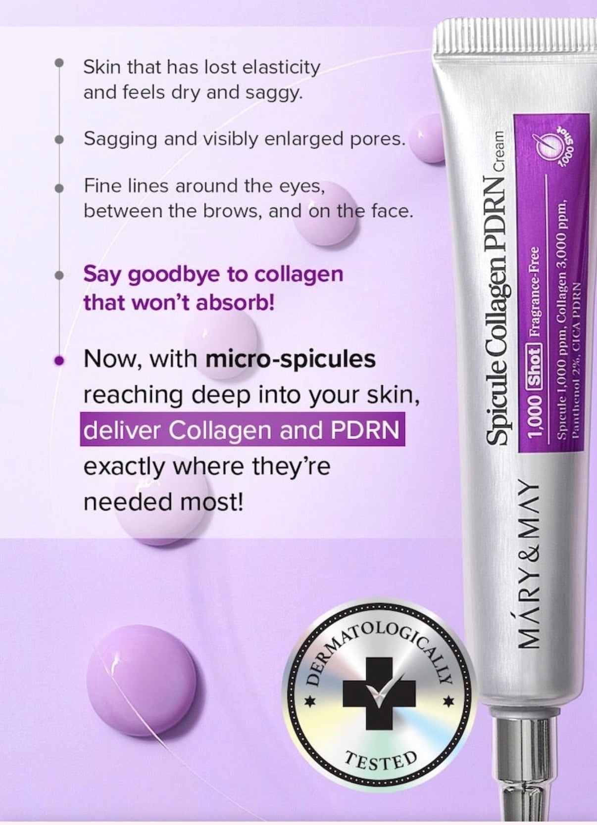 Mary & May Spikale Collagen PDRN Cream tube on a purple background with text about skin elasticity and collagen.