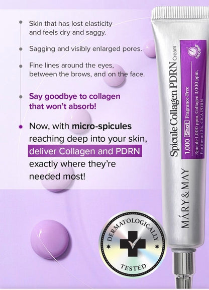 Mary & May Spikale Collagen PDRN Cream tube on a purple background with text about skin elasticity and collagen.