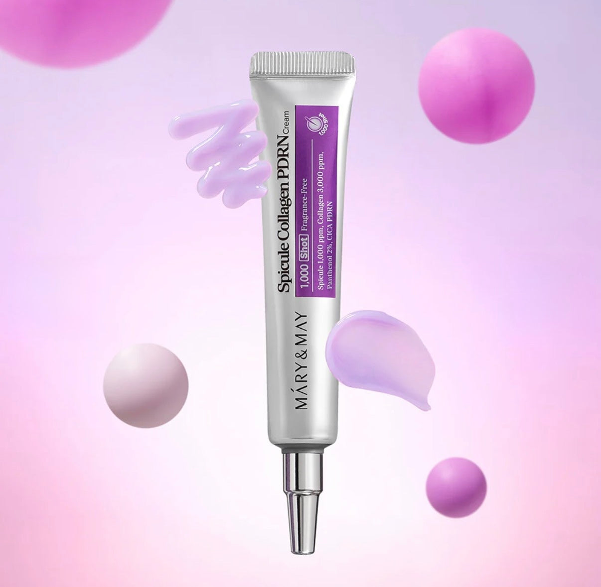 Skincare serum tube with purple and pink background
