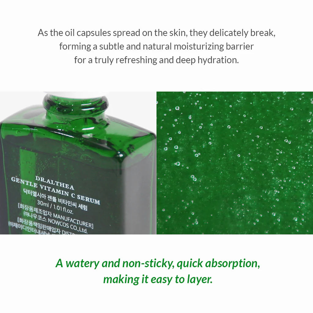 Green bottle of DR.ATHEA Gentle Vitamin C Serum with text about its moisturizing properties.