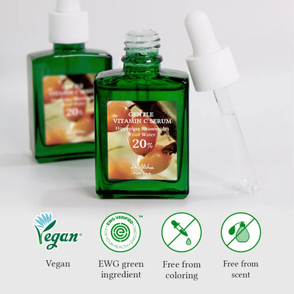 Green serum bottle with label, surrounded by icons indicating vegan, EWG green ingredient, free from coloring, and free from scent on a white background.