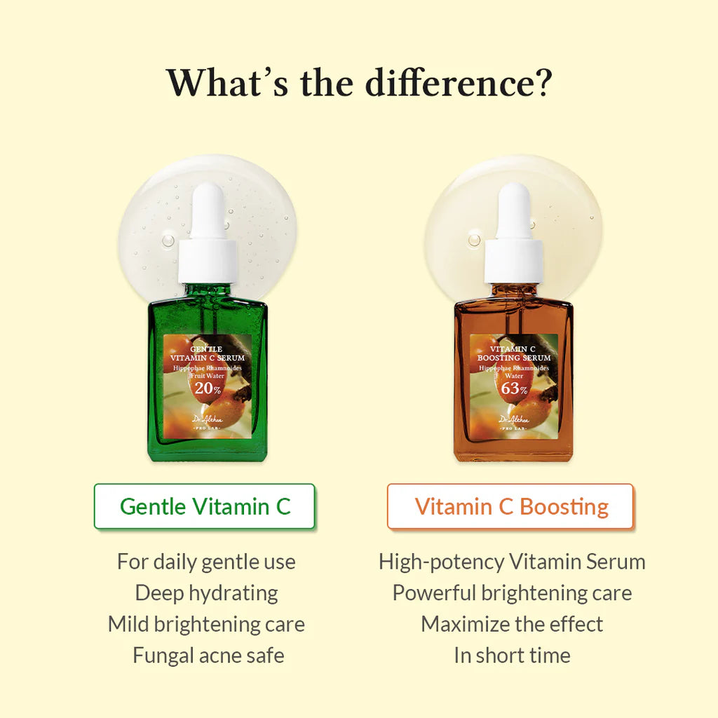 Two bottles of Vitamin C skincare products with labels on a beige background.