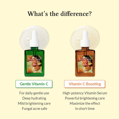 Two bottles of Vitamin C skincare products with labels on a beige background.