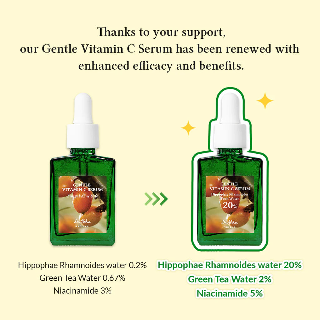 Gentle Vitamin C Serum bottles with droppers on a beige background, highlighting enhanced efficacy.