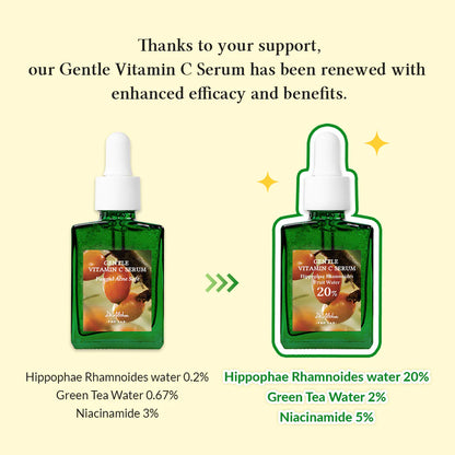 Gentle Vitamin C Serum bottles with droppers on a beige background, highlighting enhanced efficacy.