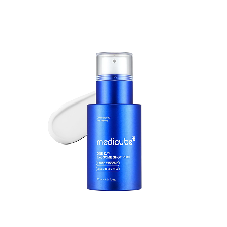 Blue skincare bottle with Medicube logo on a white background