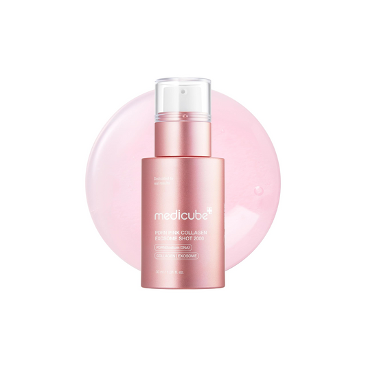 Pink skincare bottle with 'medicube' branding on a white background