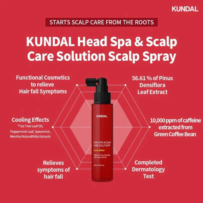 KUNDAL head spa & scalp care solution spray bottle on a red background with product details.