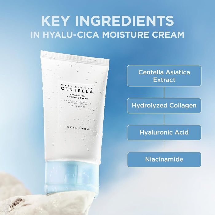 Hyalu-Cica moisture cream with key ingredients listed on a blue background