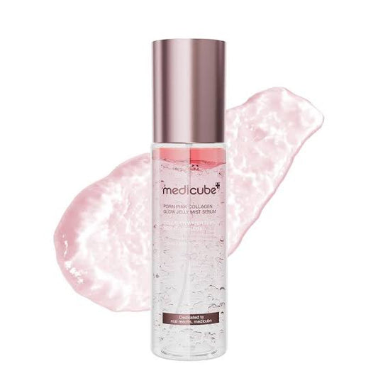 Medicube serum bottle with pink jelly texture on a white background