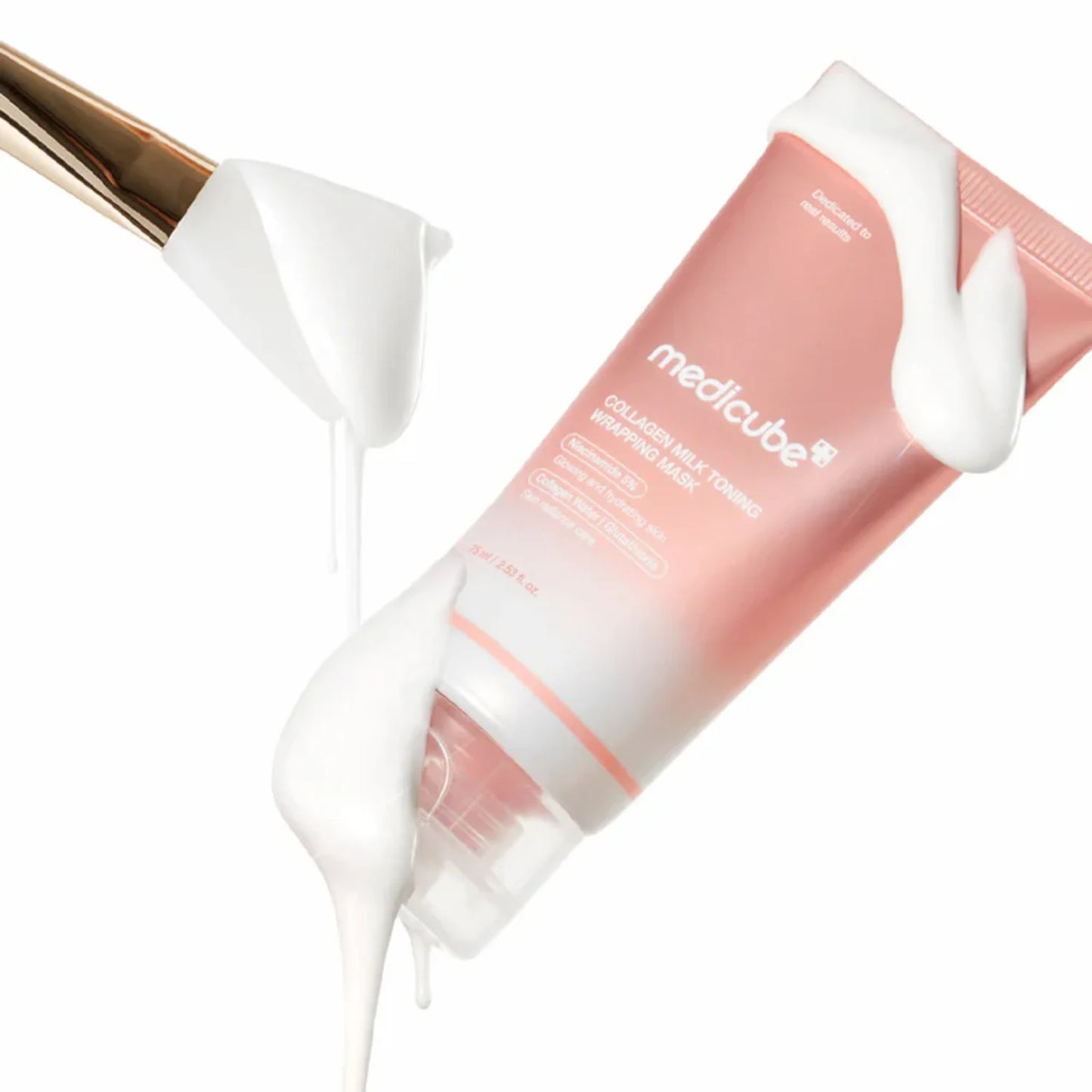 Medicube facial mask tube with white applicator on a white background