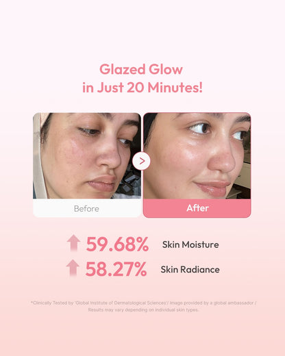 Before and after skin comparison with text 'Glazed Glow in Just 20 Minutes!' on a pink background.