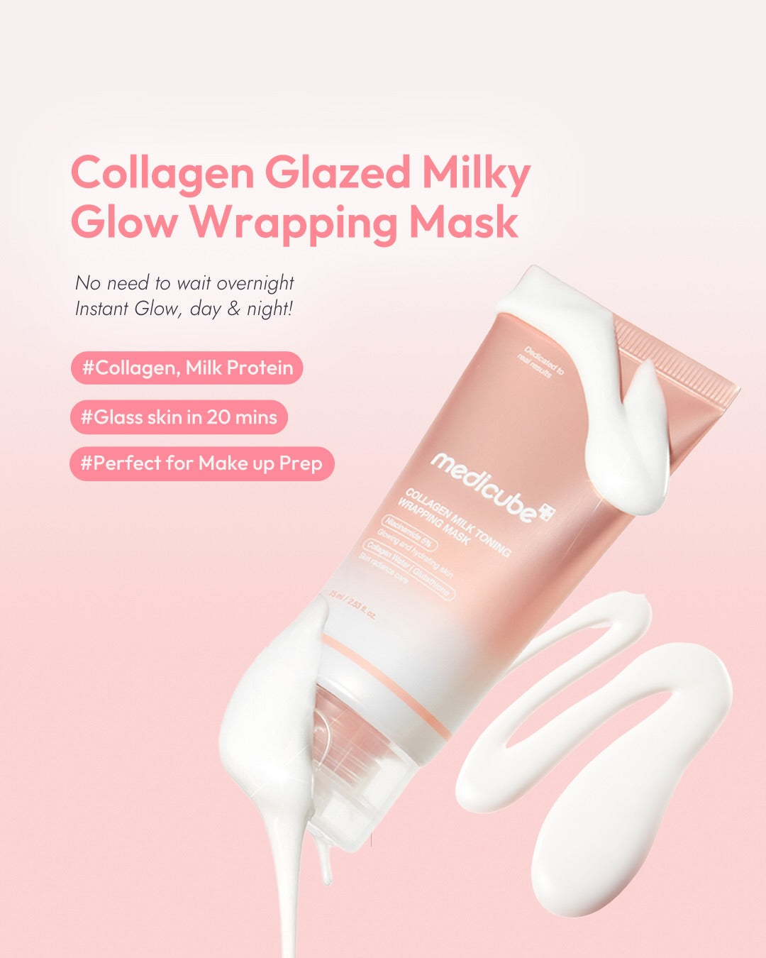 Collagen Glazed Milky Glow Wrapping Mask packaging with text on a pink background