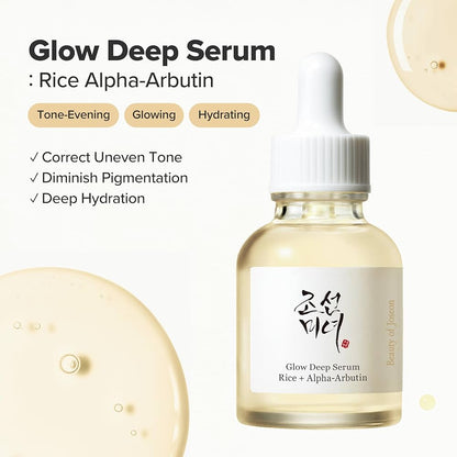 Glow Deep Serum bottle with dropper on a beige background