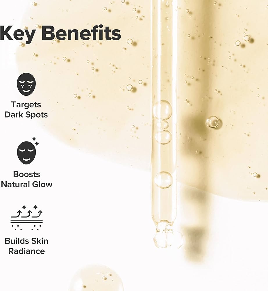 Skincare serum with key benefits listed on a light background
