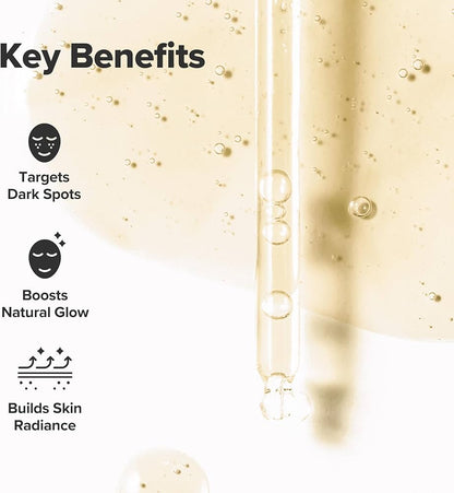 Skincare serum with key benefits listed on a light background