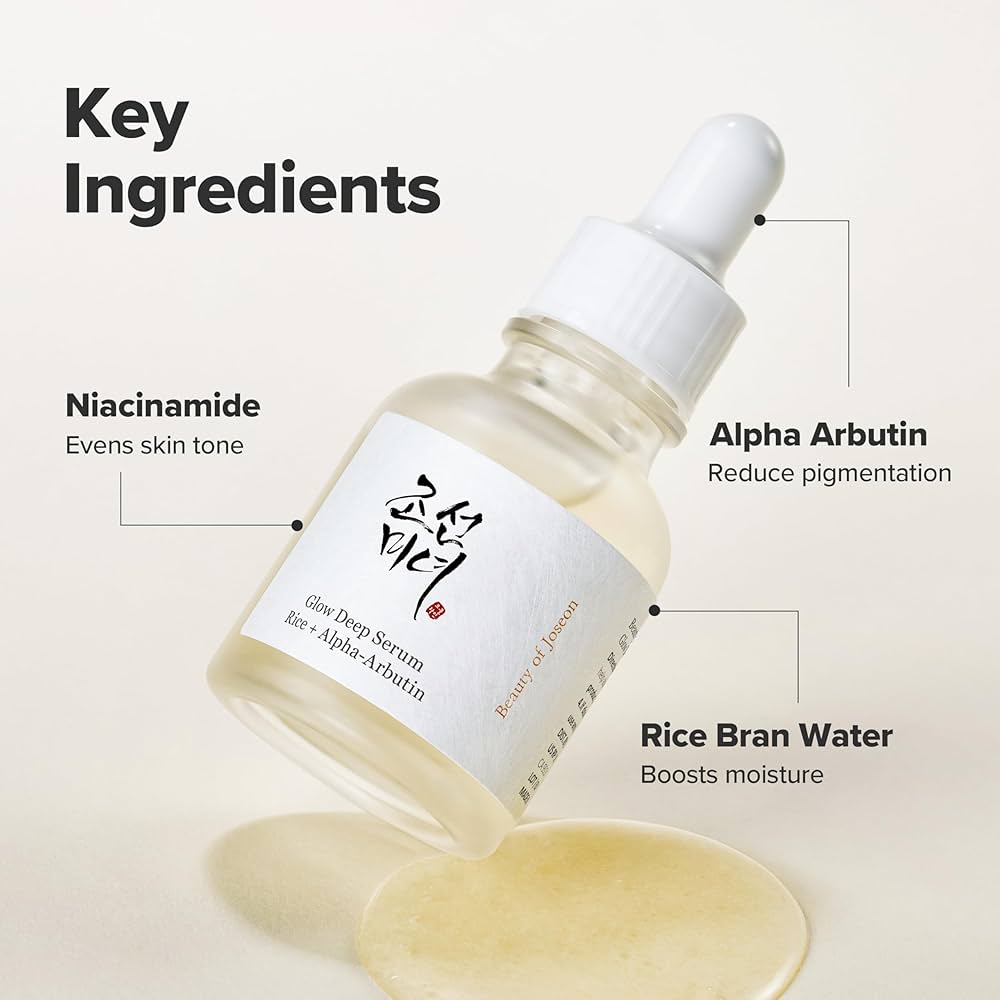 Skincare serum bottle with key ingredients labeled on a light background