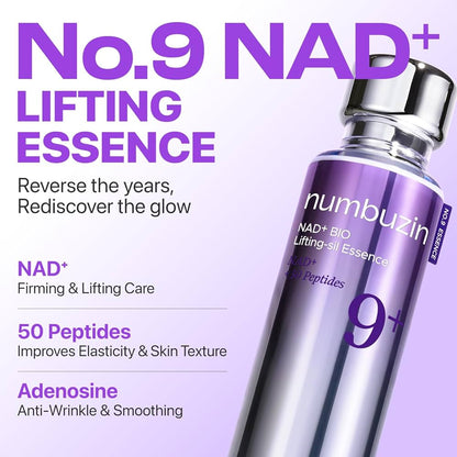 Numbuzin No.9 NAD+ Lifting Essence bottle with promotional text on a purple background