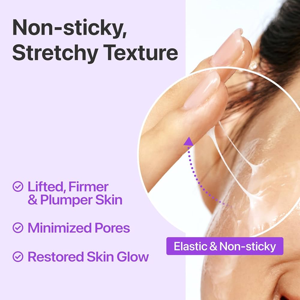 Advertisement for skincare product with text about texture and skin benefits on a purple background.