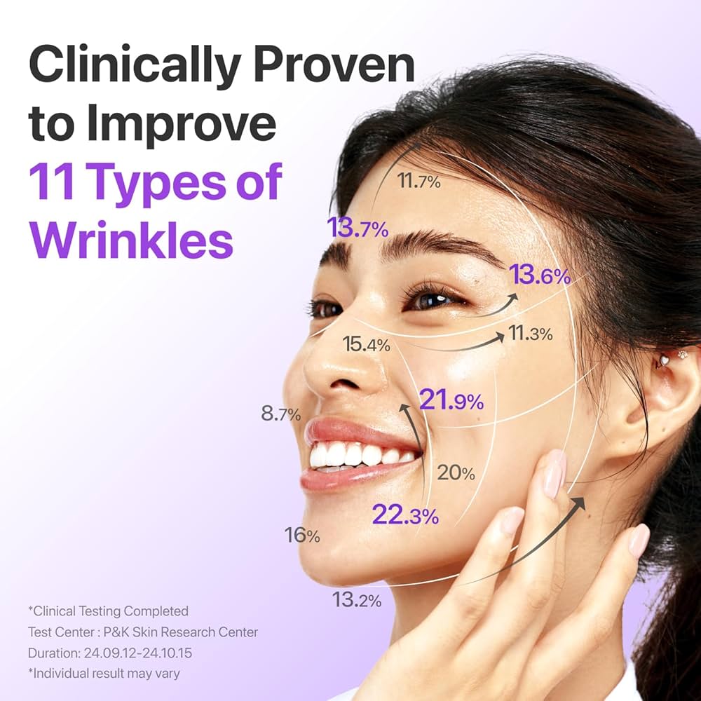 Woman with highlighted wrinkles on her face, showing clinical improvement percentages, on a light purple background.