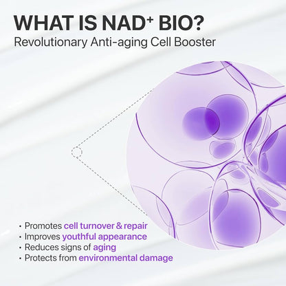 Advertisement for a revolutionary anti-aging cell booster with purple molecular structure and text on a white background.