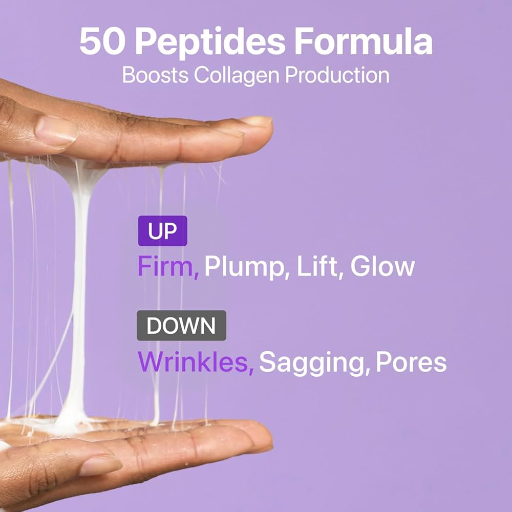 Hand with stretched skin showing effects of 50 Peptides Formula on a purple background