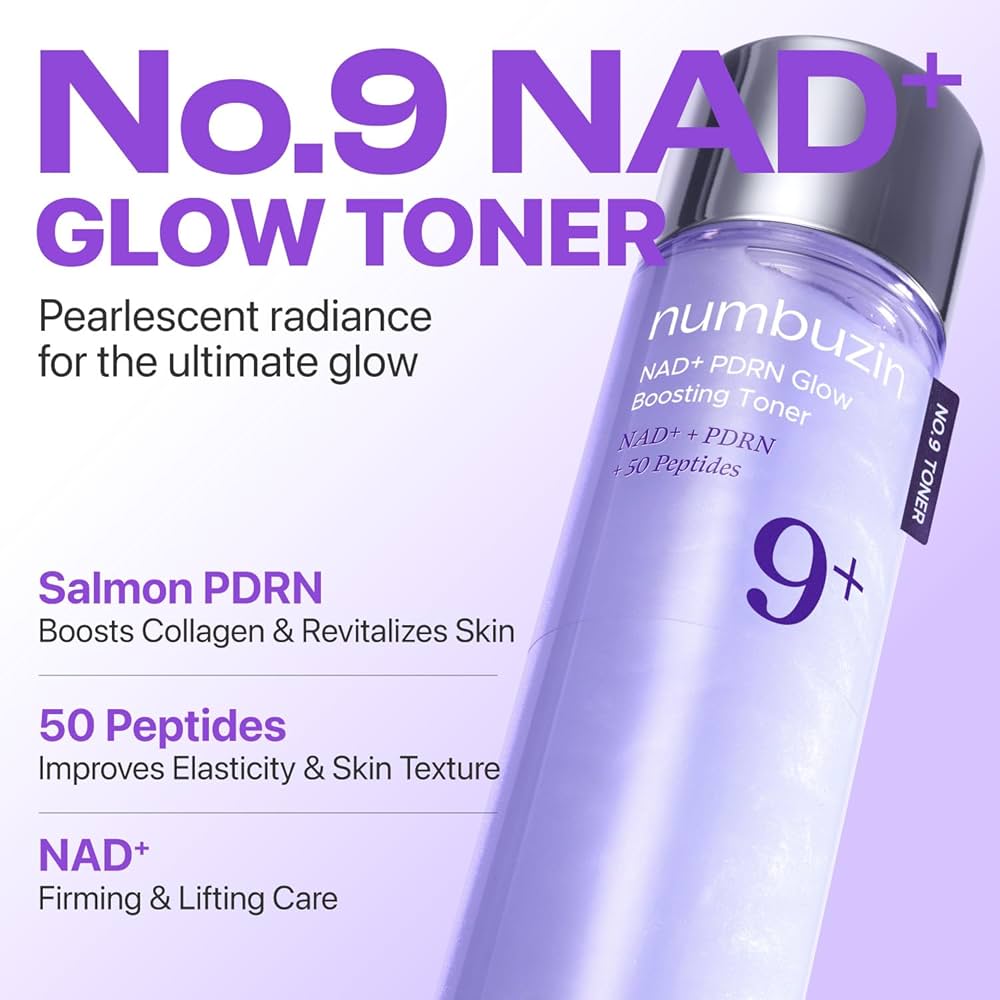 Numbuzin No.9 NAD+ Glow Toner bottle with product details on a light purple background