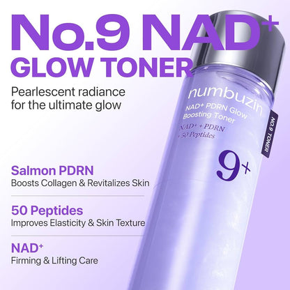 Numbuzin No.9 NAD+ Glow Toner bottle with product details on a light purple background