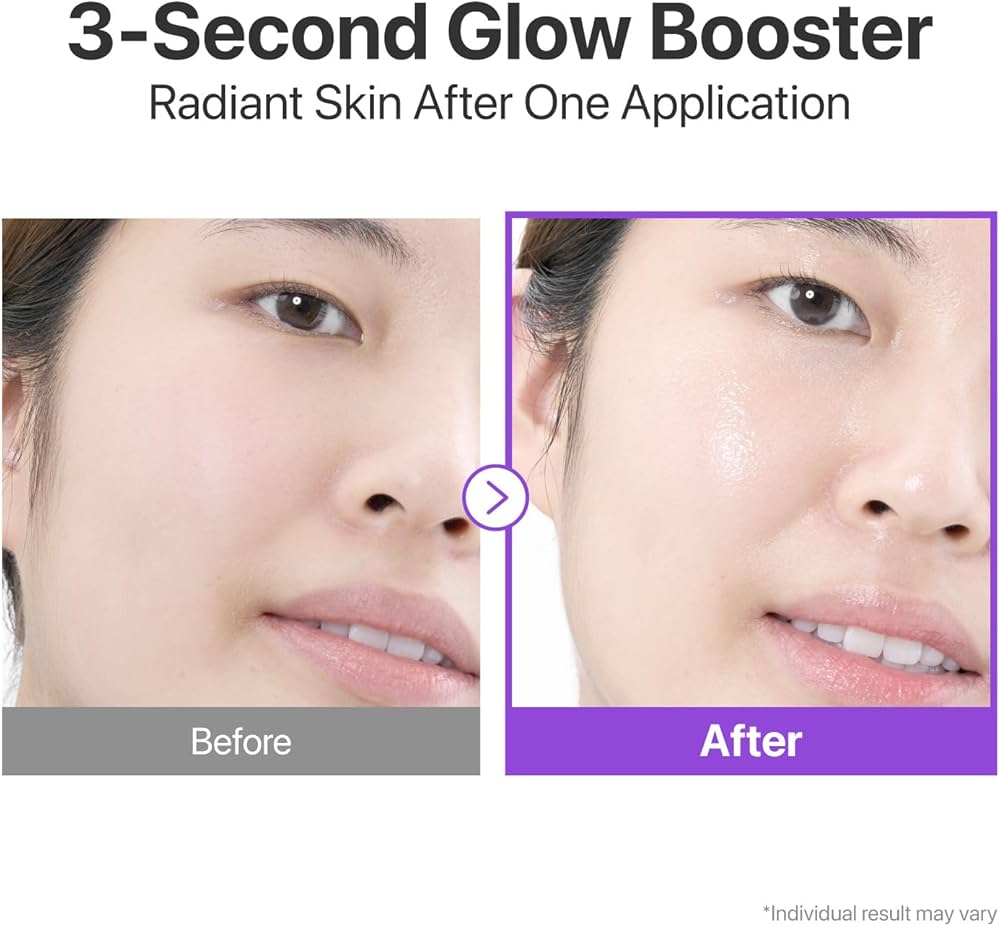 Before and after effect of a 3-Second Glow Booster on skin