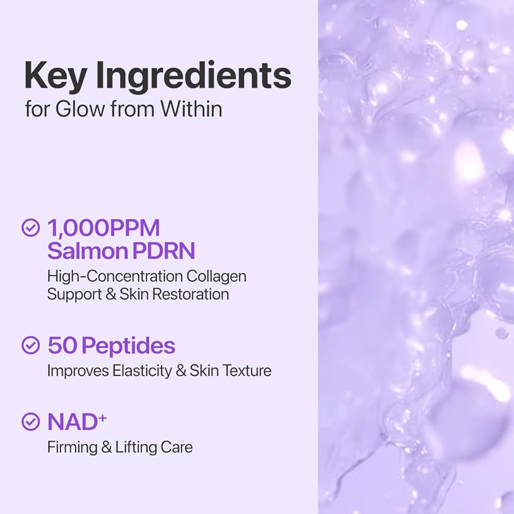 Advertisement for skincare product ingredients with a purple background and text.