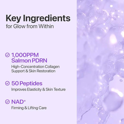 Advertisement for skincare product ingredients with a purple background and text.