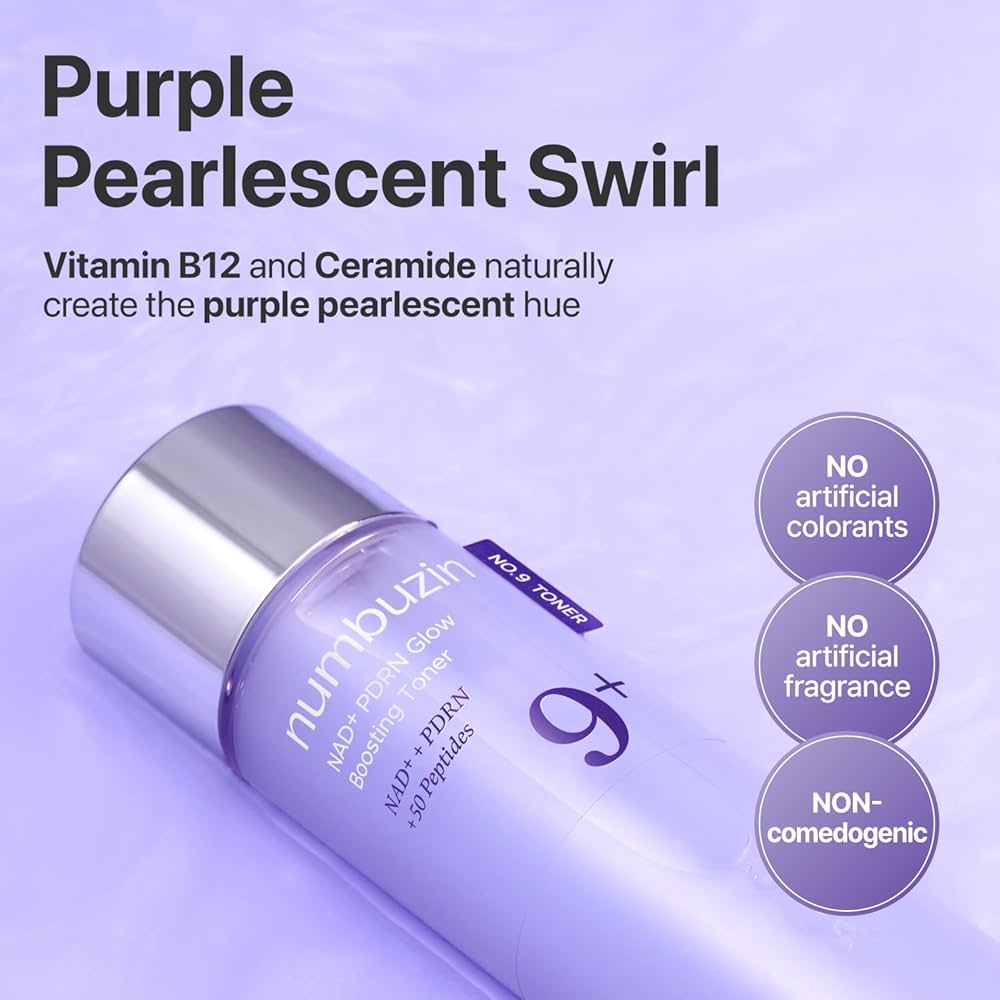 Purple bottle with 'numbuzin' on a light purple background, featuring text about ingredients and properties.
