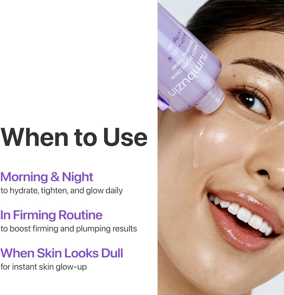 Woman applying skincare product with text on usage and benefits