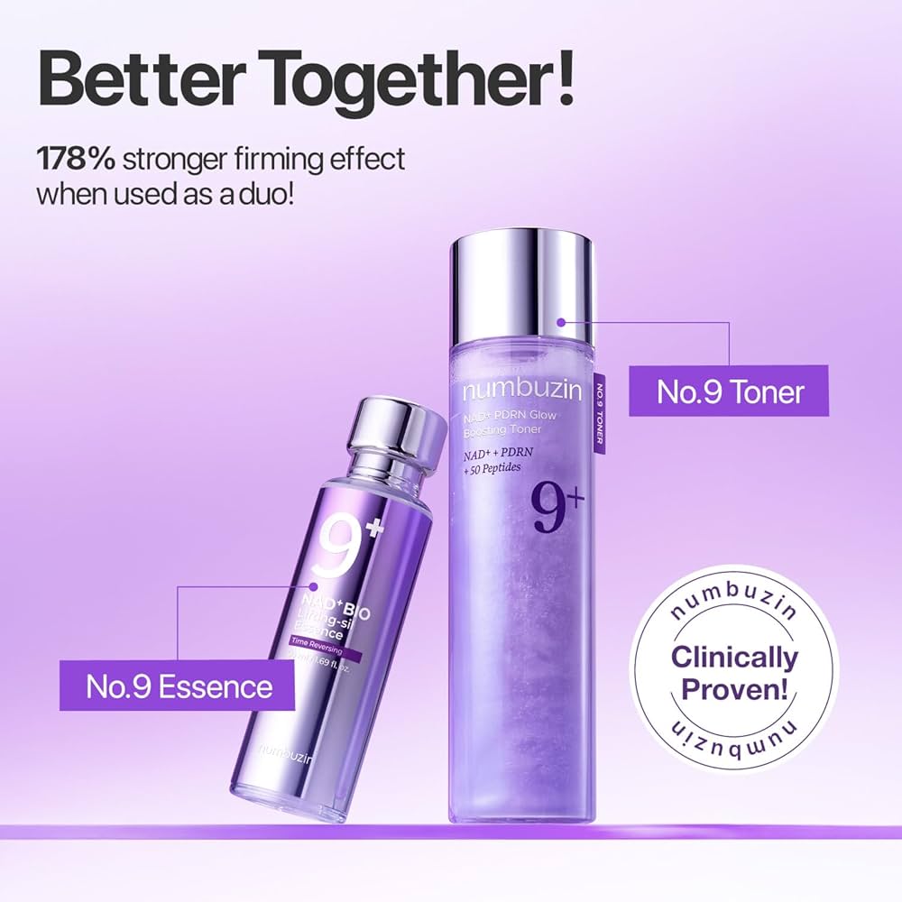 Two purple skincare bottles labeled 'No. 9 Essence' and 'No. 9 Toner' on a purple background with text about their effects.