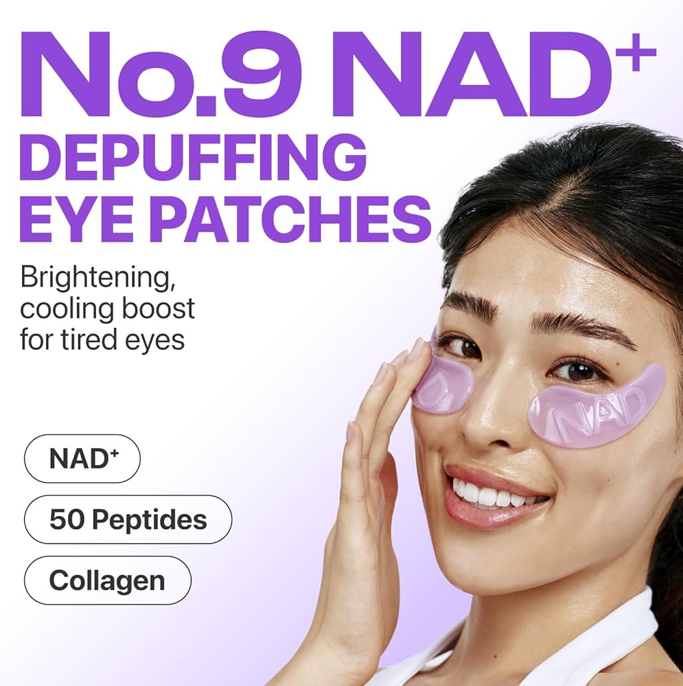 Advertisement for No.9 NAD+ depuffing eye patches with a woman wearing them.